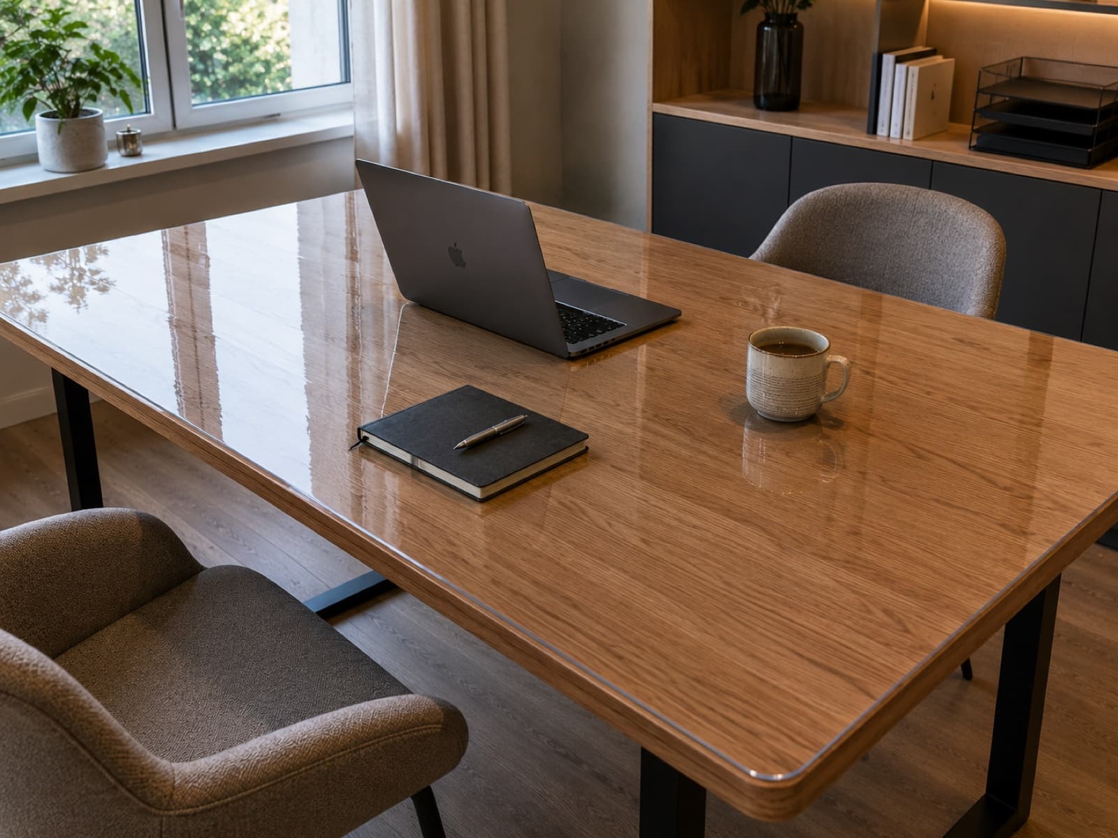 Bureau op kantoor beschermd door transparante mat